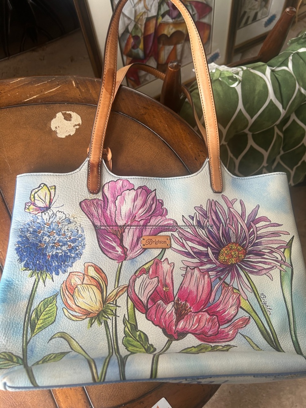 Brighton Floral Leather Tote in Light Blue with Tan Handles